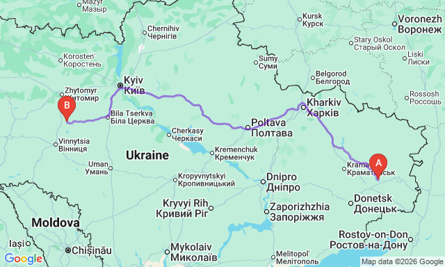 Route map Koziatyn - Brianka