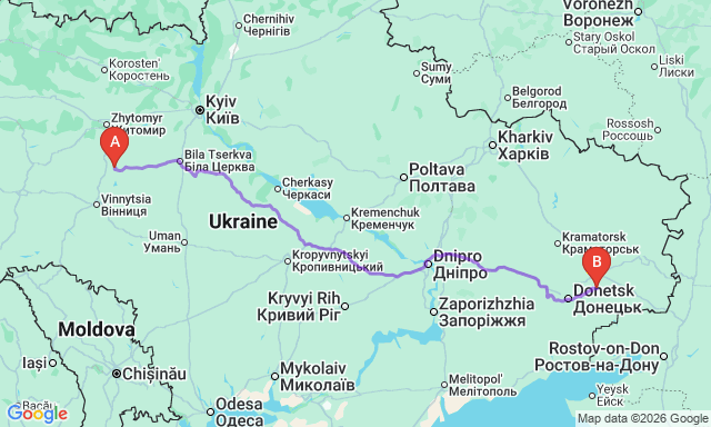 Route map Koziatyn - Kirovskoye