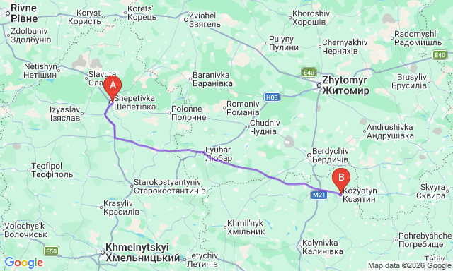 Route map Koziatyn - Shepetivka