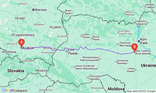 Route map Krakow - Bila Tserkva