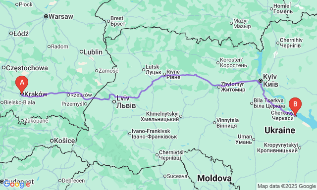 Карта маршруту Краків - Черкаси