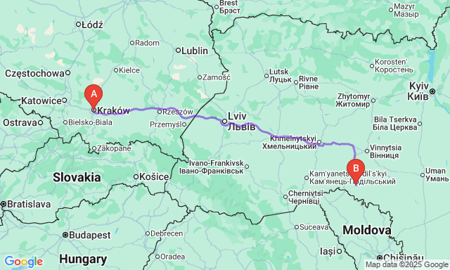 Карта маршруту Краків - Чернівці