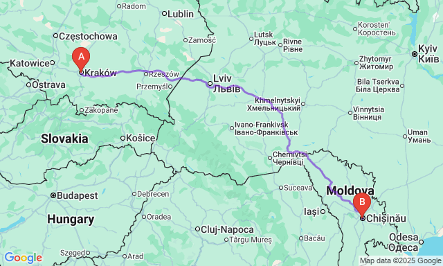 Карта маршруту Краків - Кишинів