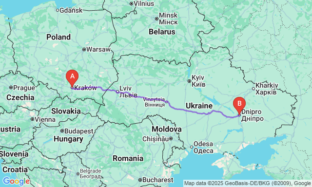 Карта маршрута Краков - Днепр