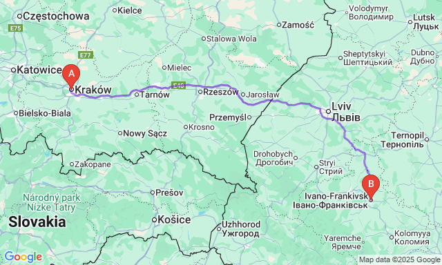 Карта маршруту Краків - Івано-Франківськ