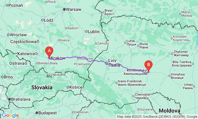 Карта маршруту Краків - Хмельницький