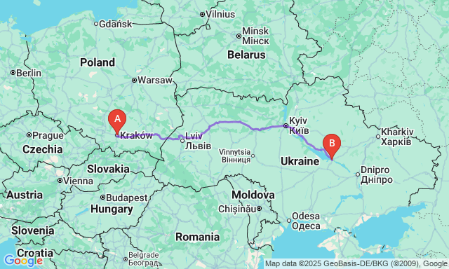 Карта маршруту Краків - Кременчук