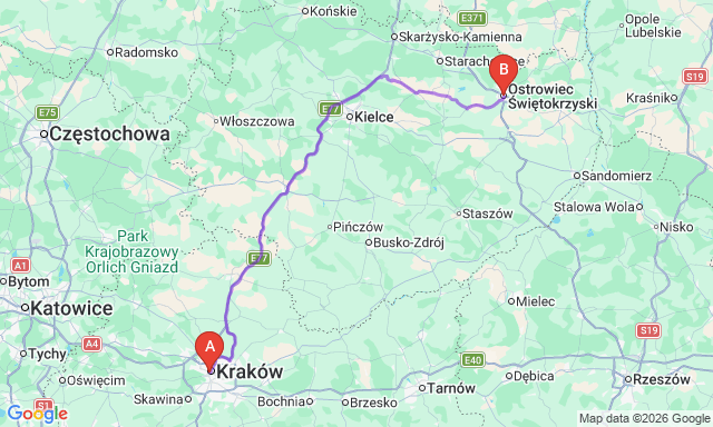 Route map Krakow - Ostrowiec Świętokrzyski