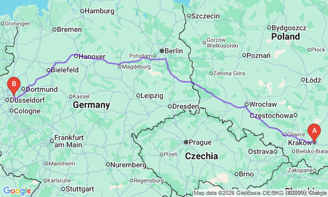 Route map Krakow - Velbert