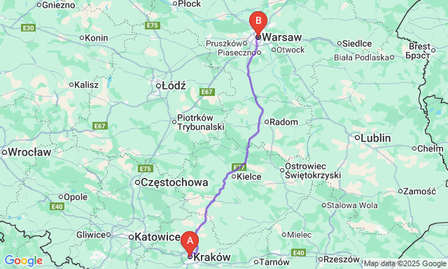 Карта маршрута Краков - Варшава