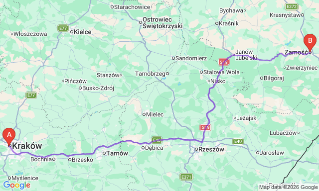Route map Krakow - Zamość