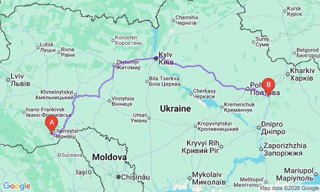 Карта маршруту Берестин - Чернівці