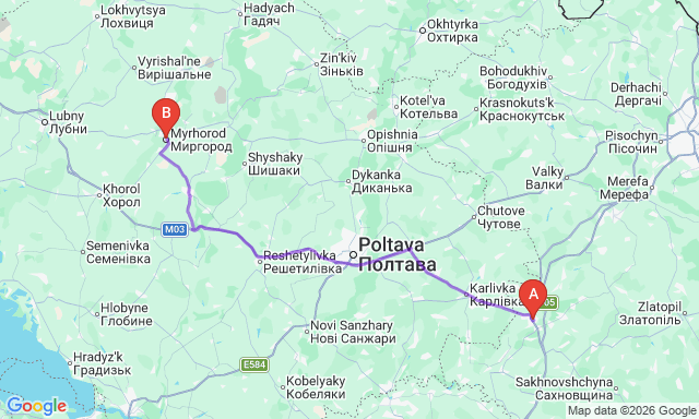 Карта маршруту Берестин - Миргород
