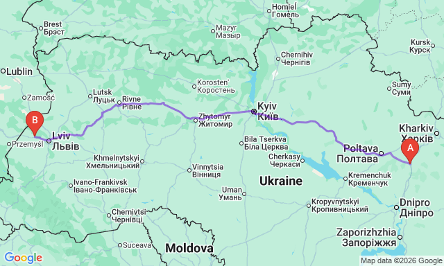 Карта маршруту Берестин - Новояворівськ