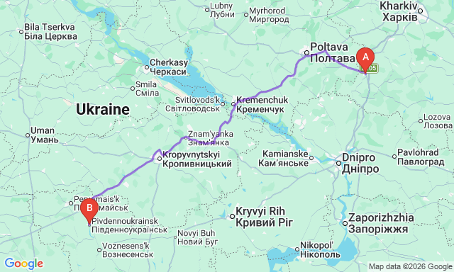 Route map Krasnohrad - Pivdennoukrainsk