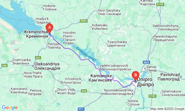 Карта маршруту Кременчук - Дніпро