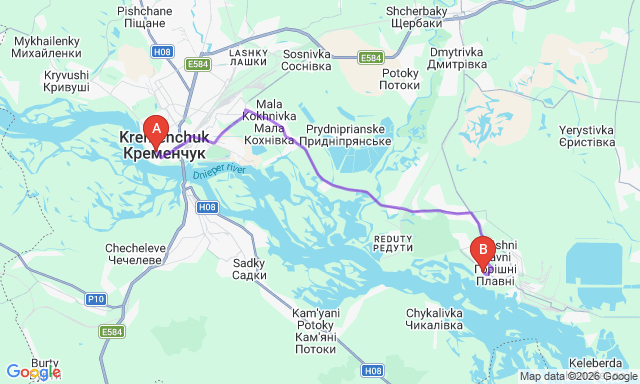 Карта маршрута Кременчуг - Горишние Плавни