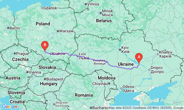 Карта маршруту Кременчук - Катовіце