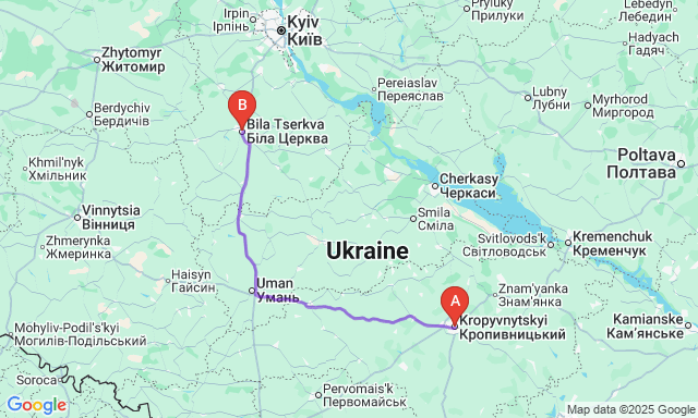 Карта маршруту Кропивницький - Біла Церква