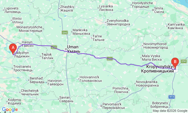 Route map Kropyvnytskyi - Ladyzhyn