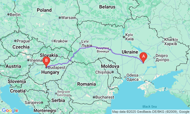 Карта маршруту Кривий Ріг - Будапешт