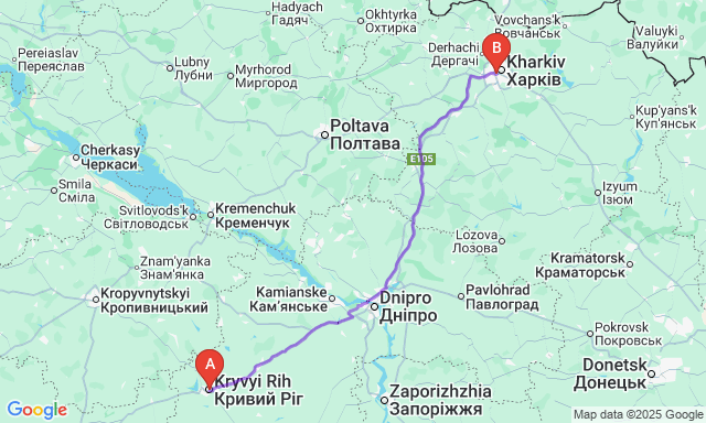 Карта маршруту Кривий Ріг - Харків
