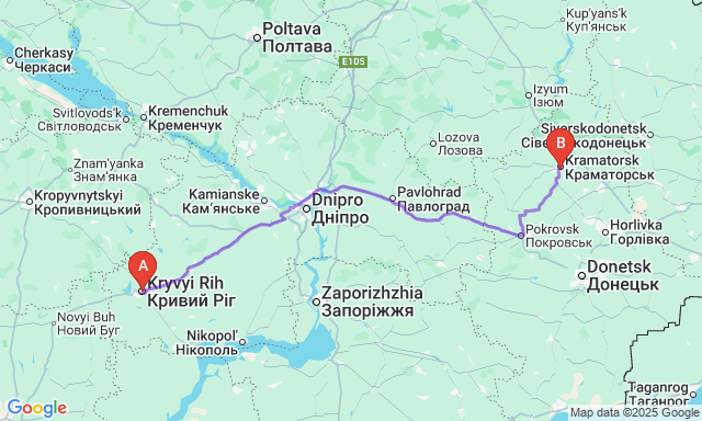 Карта маршруту Кривий Ріг - Краматорськ
