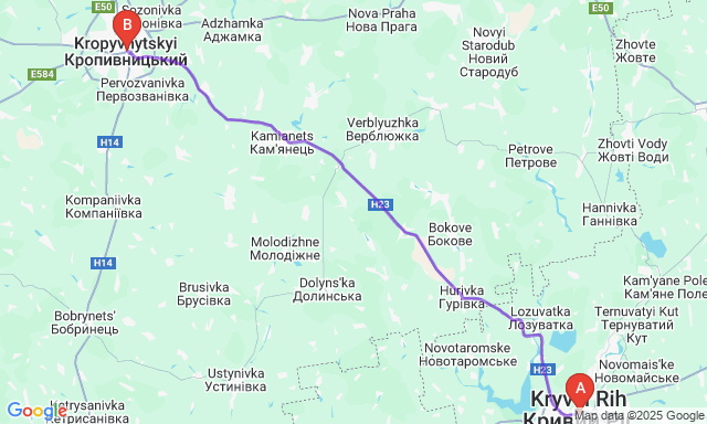 Карта маршруту Кривий Ріг - Кропивницький
