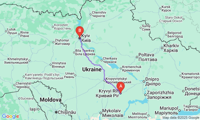 Карта маршруту Кривий Ріг - Київ