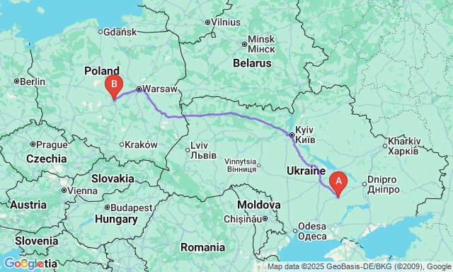 Карта маршруту Кривий Ріг - Лодзь