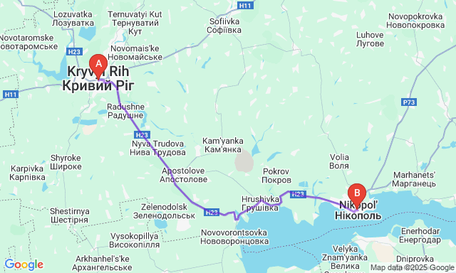 Карта маршруту Кривий Ріг - Нікополь
