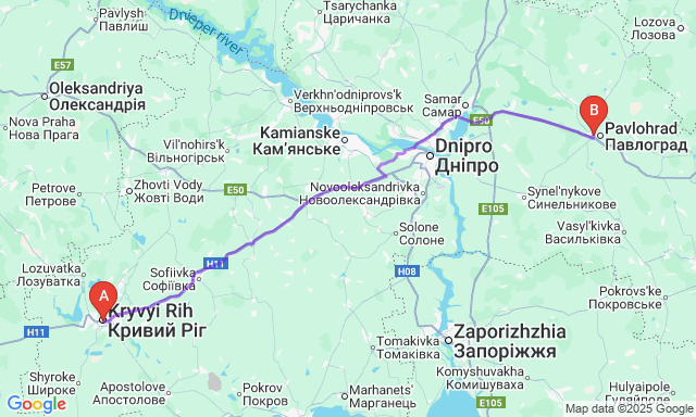 Карта маршруту Кривий Ріг - Павлоград