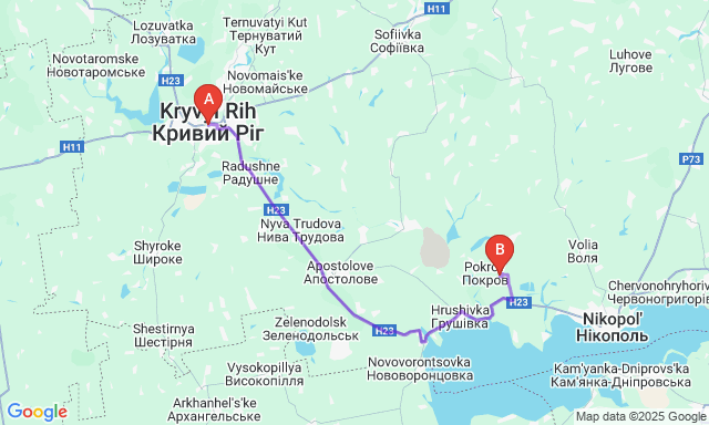 Карта маршруту Кривий Ріг - Покров