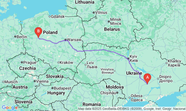 Карта маршруту Кривий Ріг - Познань