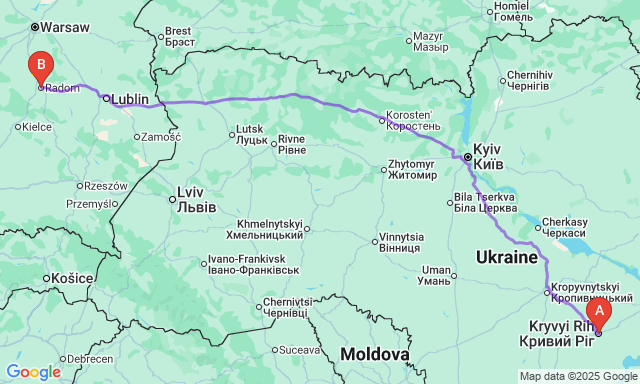 Карта маршруту Кривий Ріг - Радом