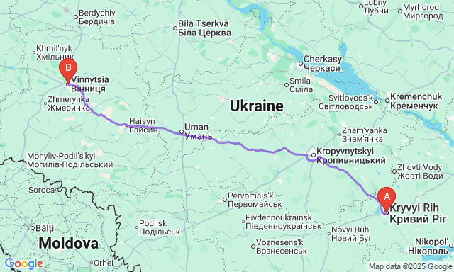 Карта маршруту Кривий Ріг - Вінниця