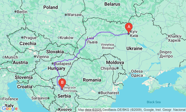 Карта маршруту Київ - Белград