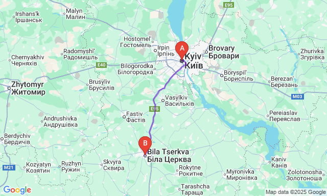 Route map Kyiv - Bila Tserkva