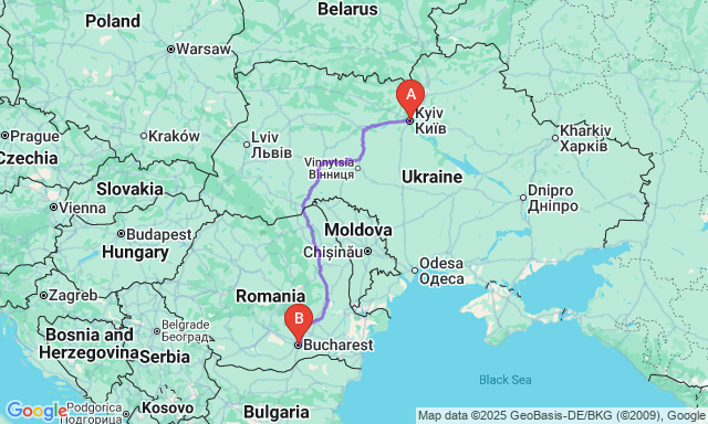 Карта маршруту Київ - Бухарест