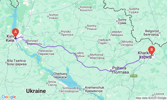 Карта маршруту Київ - Харків