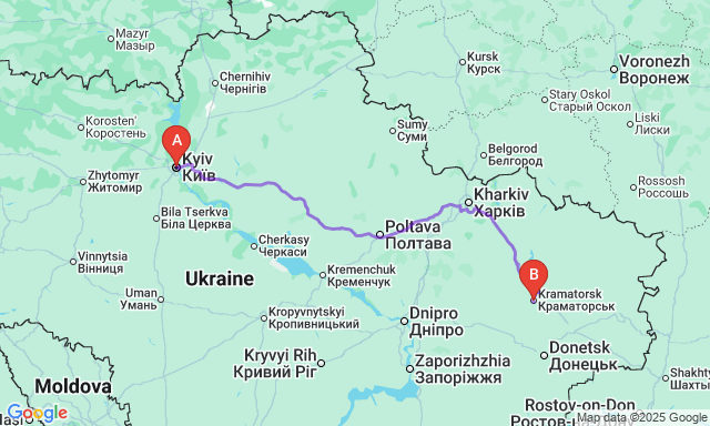 Карта маршруту Київ - Краматорськ