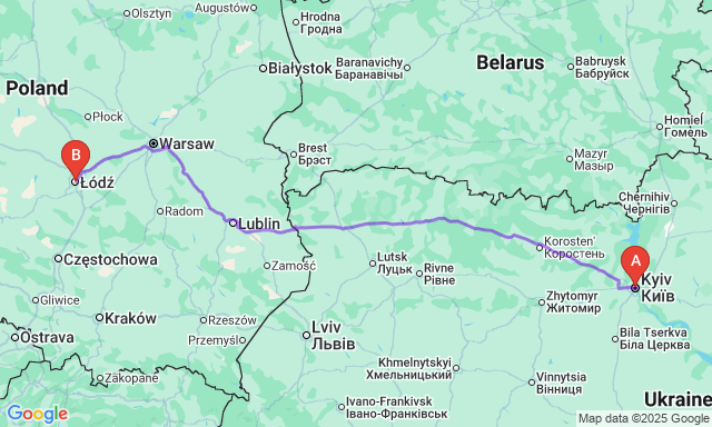 Карта маршруту Київ - Лодзь