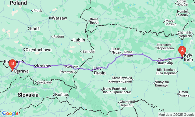 Карта маршруту Київ - Острава