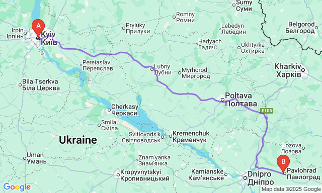 Карта маршруту Київ - Павлоград