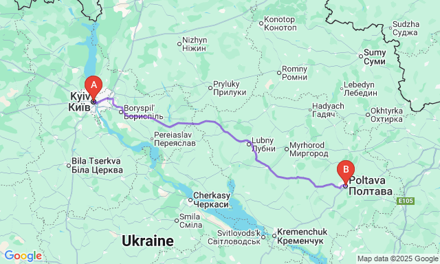 Карта маршруту Київ - Полтава