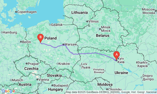 Карта маршруту Київ - Познань