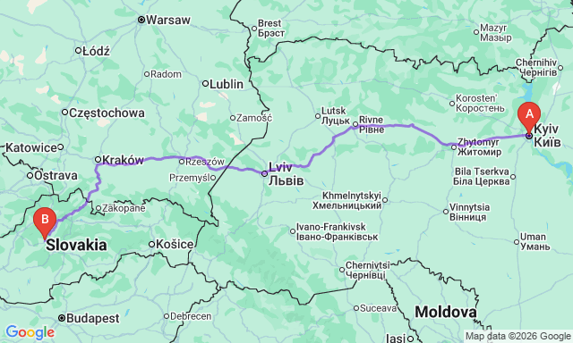 Route map Kyiv - Prievidza