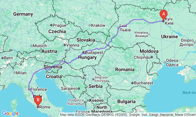 Карта маршруту Київ - Рим
