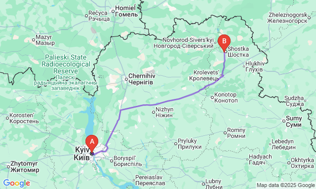 Route map Kyiv - Shostka