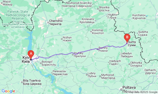 Карта маршруту Київ - Суми